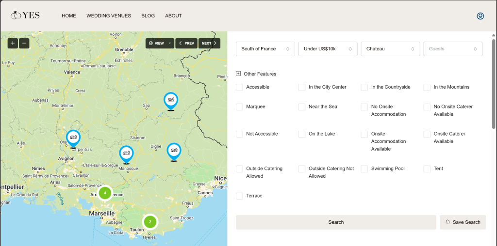 Yes.Wedding - Other Features Filters and Map